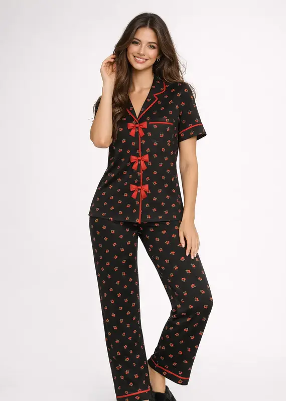 Bow Tie Front Yummy Jersey S/S Top + Pull On Pant PJ Set