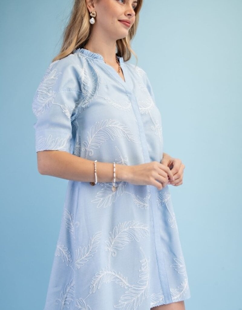 Ivy Embroidered V=Neck Ruffle Detail Dress