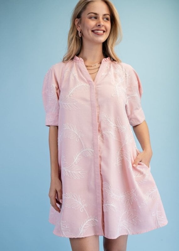 Ivy Embroidered V=Neck Ruffle Detail Dress