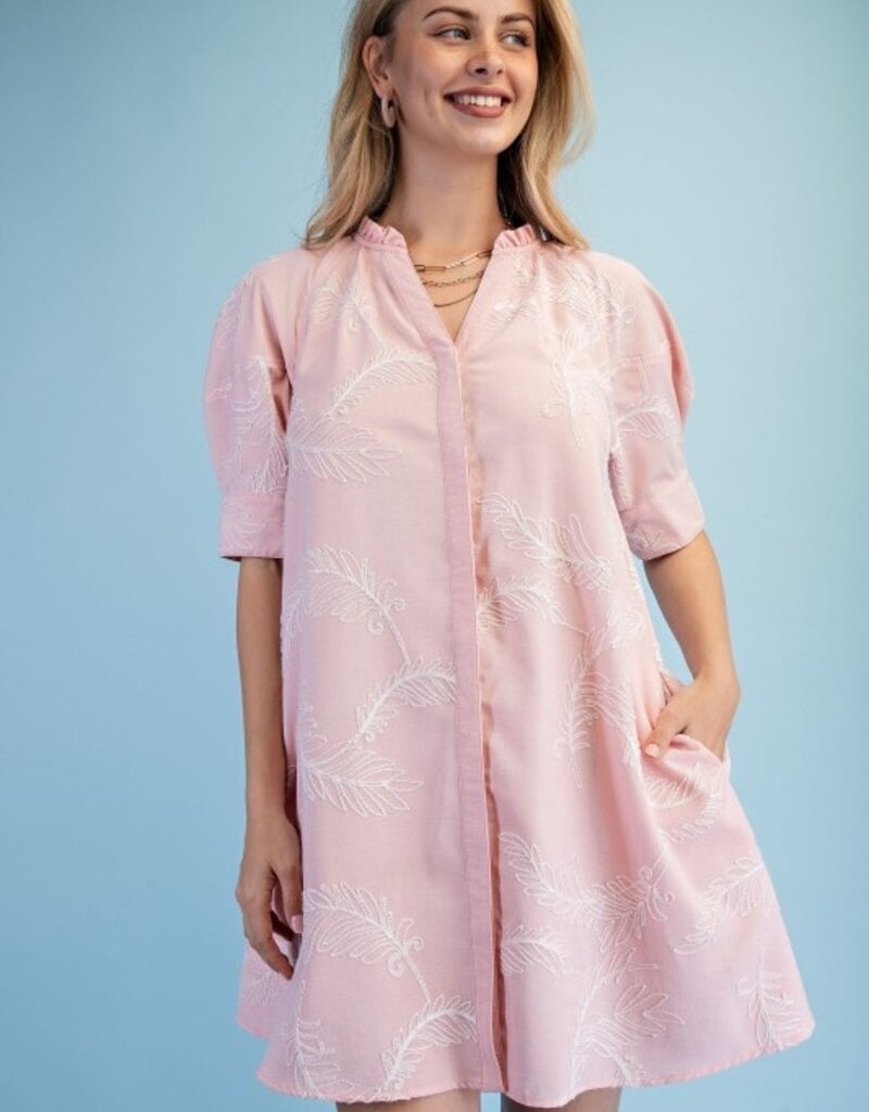 Ivy Embroidered V=Neck Ruffle Detail Dress