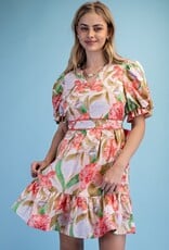 Fancy Floral Watercolor Pleated Skirt Dress