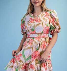 Fancy Floral Watercolor Pleated Skirt Dress