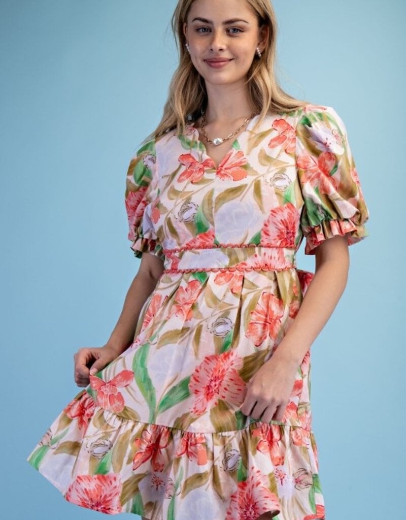 Fancy Floral Watercolor Pleated Skirt Dress