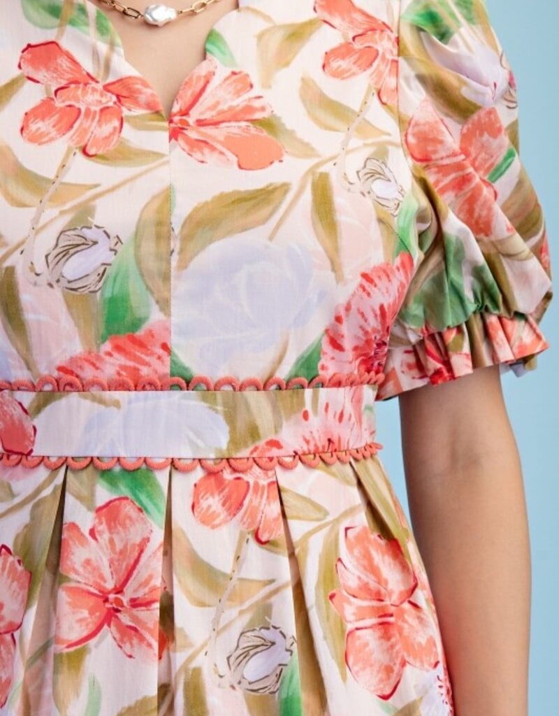 Fancy Floral Watercolor Pleated Skirt Dress