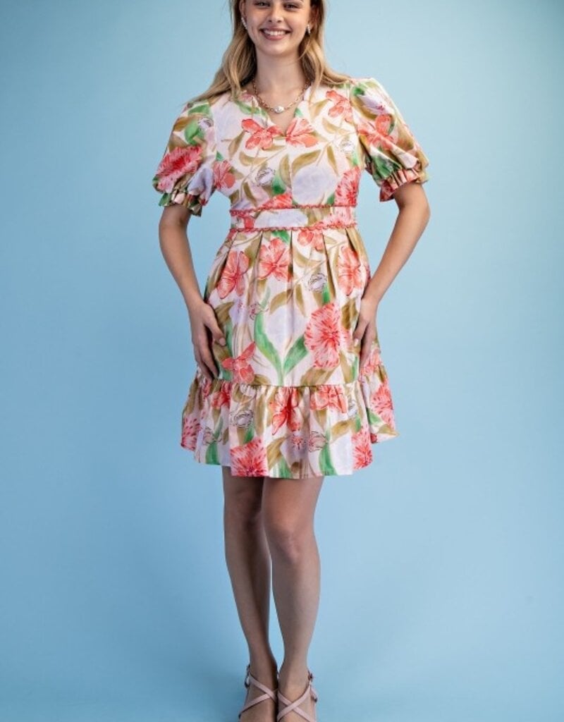 Fancy Floral Watercolor Pleated Skirt Dress