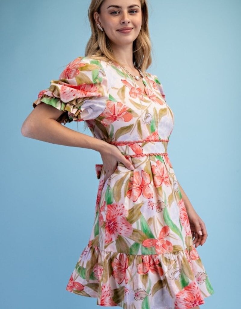 Fancy Floral Watercolor Pleated Skirt Dress