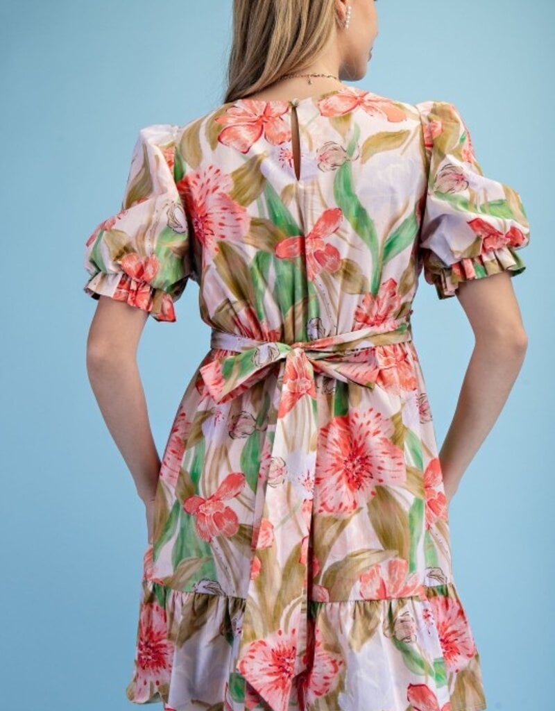 Fancy Floral Watercolor Pleated Skirt Dress