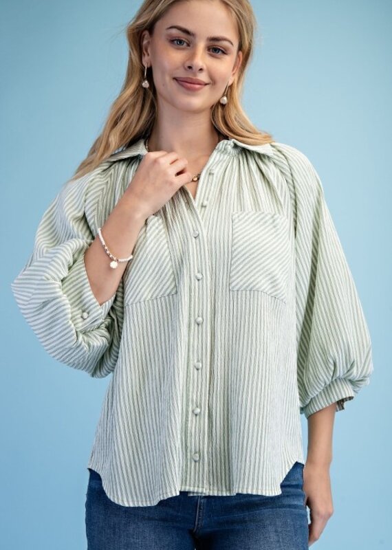 Sally Striped Balloon Sleeve Button Down Top