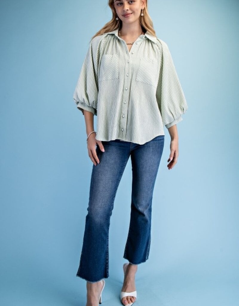 Sally Striped Balloon Sleeve Button Down Top