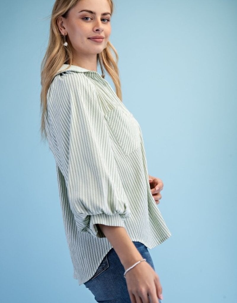 Sally Striped Balloon Sleeve Button Down Top