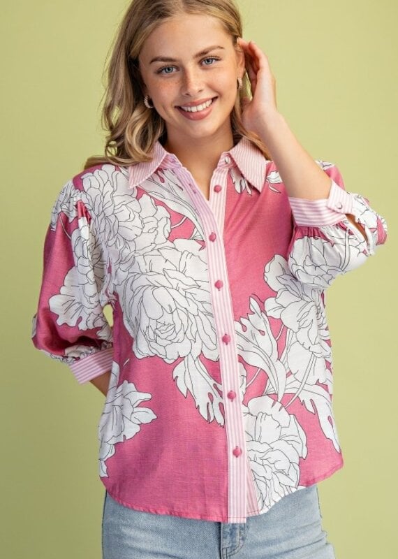 Floral Print 3/4 Sleeve Button Down Top