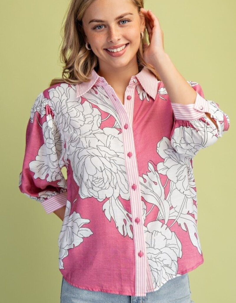 Floral Print 3/4 Sleeve Button Down Top