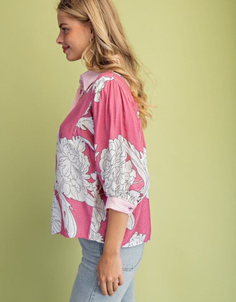 Floral Print 3/4 Sleeve Button Down Top
