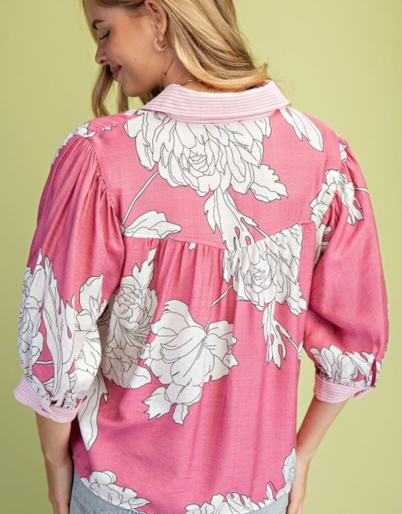 Floral Print 3/4 Sleeve Button Down Top