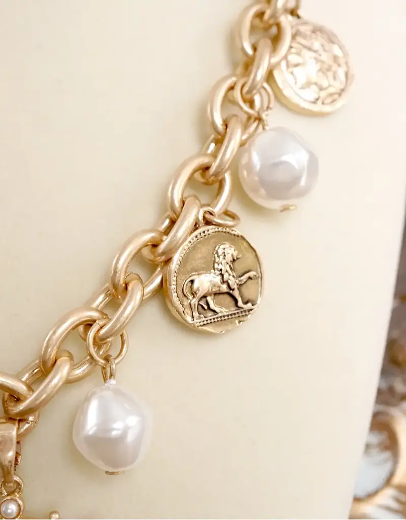 Boho Coin and Pearl Charms Statement Necklace - Gold