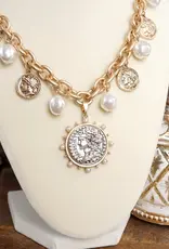 Boho Coin and Pearl Charms Statement Necklace - Gold