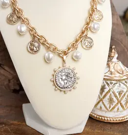 Boho Coin and Pearl Charms Statement Necklace - Gold