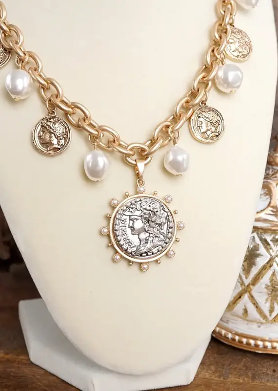 Boho Coin and Pearl Charms Statement Necklace - Gold