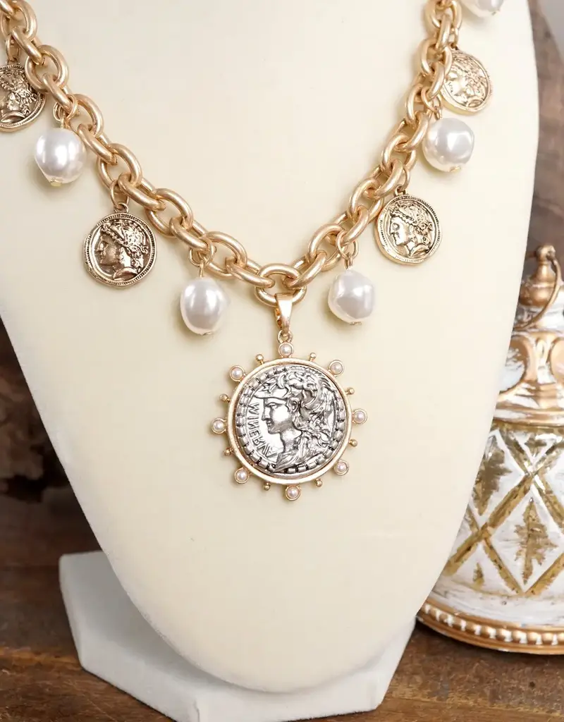 Boho Coin and Pearl Charms Statement Necklace - Gold