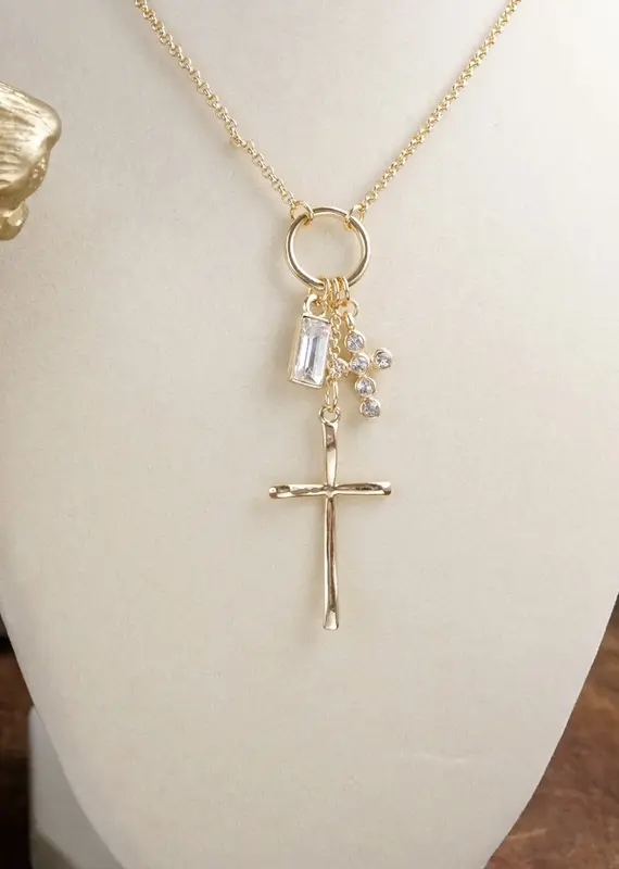 Dainty Cross Charm Cluster Necklace – Gold Tone