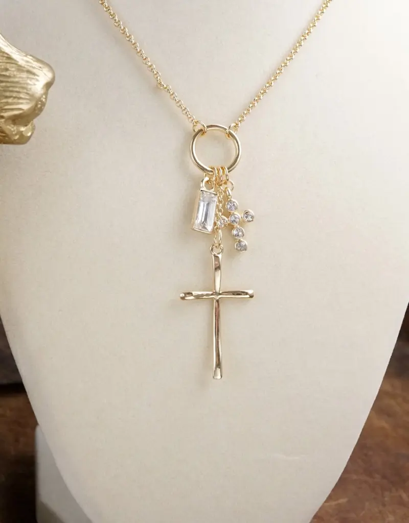 Dainty Cross Charm Cluster Necklace – Gold Tone