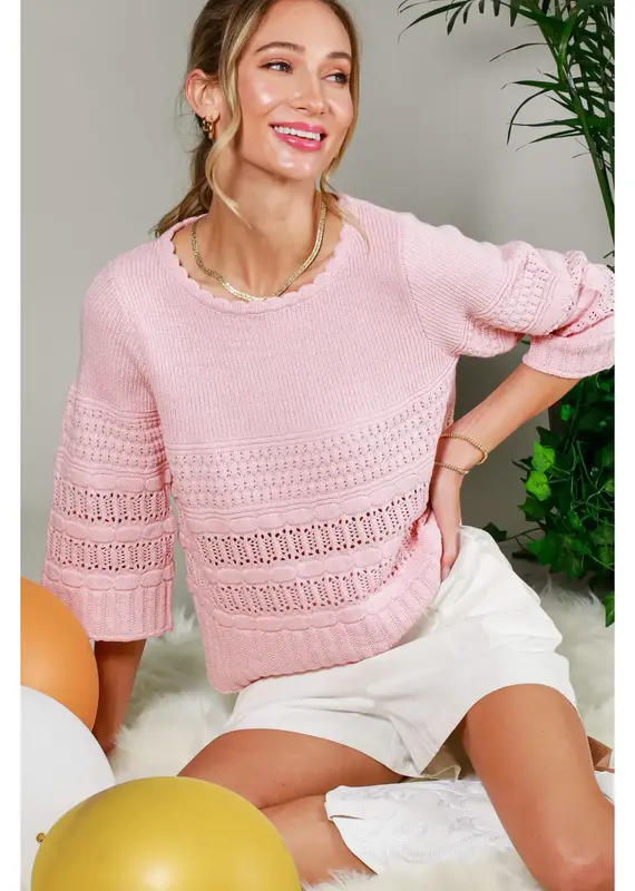 Crochet Knit Top With 3/4 Sleeves