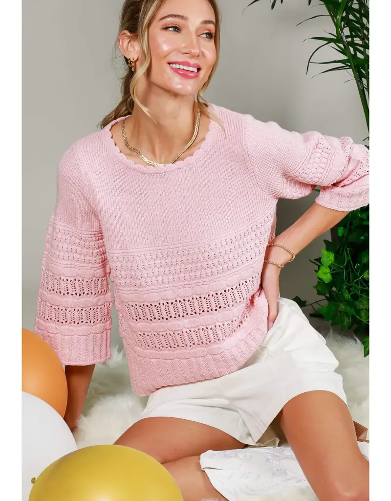 Crochet Knit Top With 3/4 Sleeves