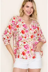 Smocked Cuff Sleeve Floral Print Top