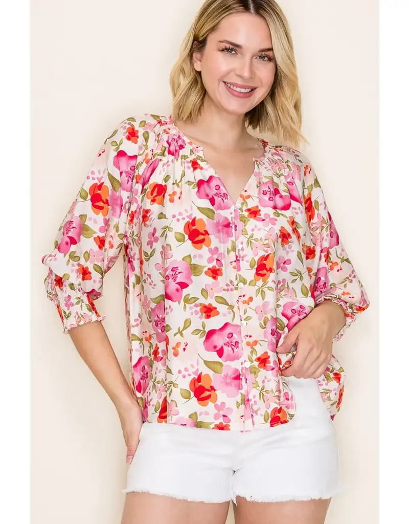 Smocked Cuff Sleeve Floral Print Top