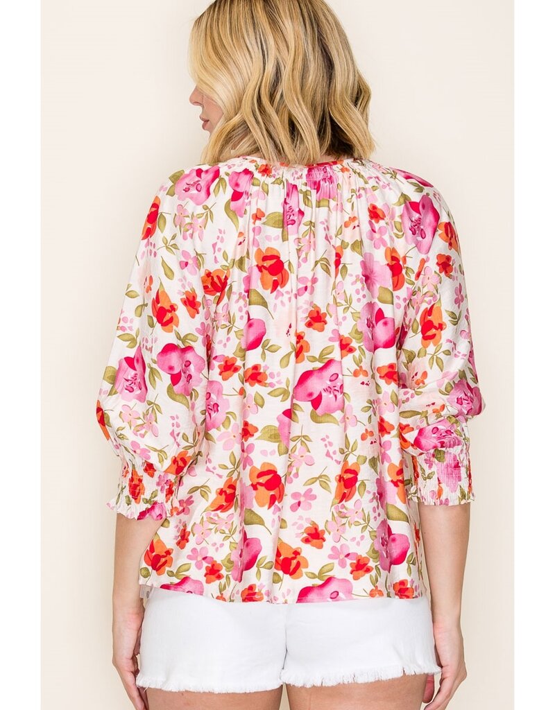 Smocked Cuff Sleeve Floral Print Top