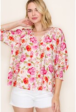Smocked Cuff Sleeve Floral Print Top