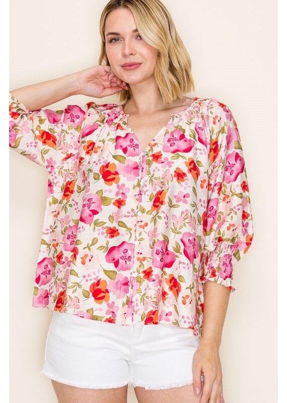Smocked Cuff Sleeve Floral Print Top