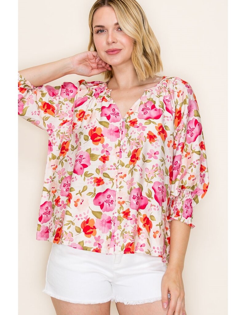 Smocked Cuff Sleeve Floral Print Top