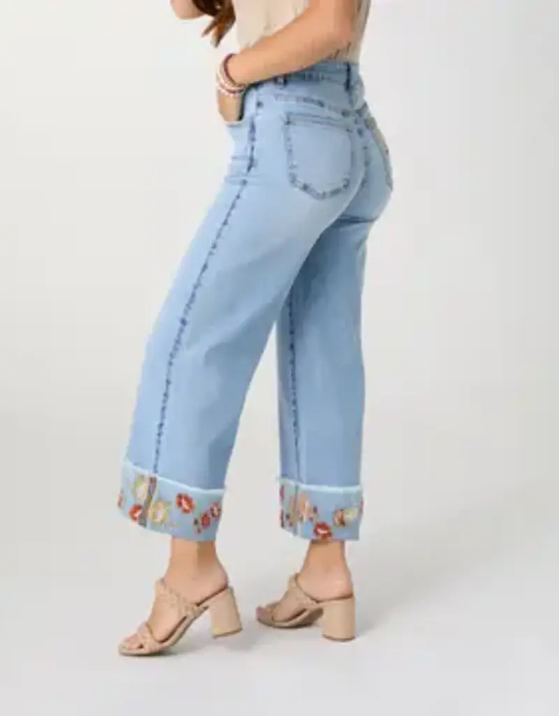 Everstretch Wide Leg Crop with Embroidered Cuff