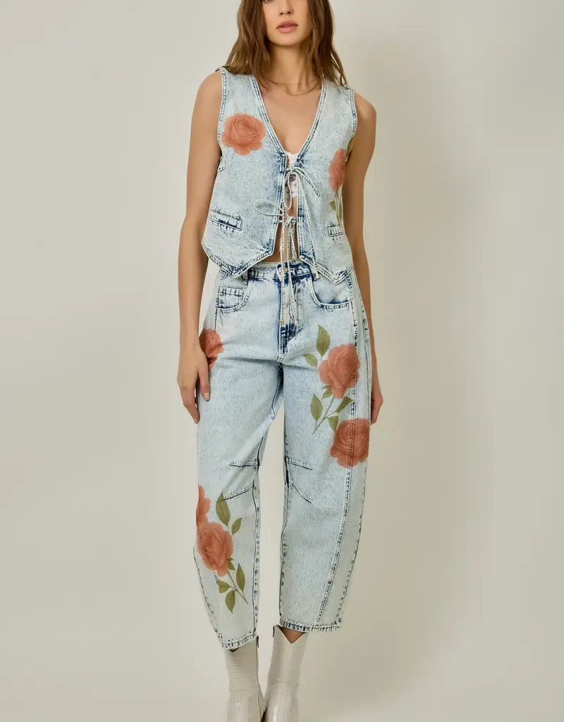 Floral Printed Denim Barrel Jeans