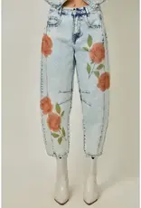 Floral Printed Denim Barrel Jeans