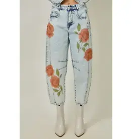 Floral Printed Denim Barrel Jeans