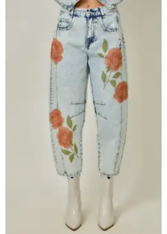 Floral Printed Denim Barrel Jeans