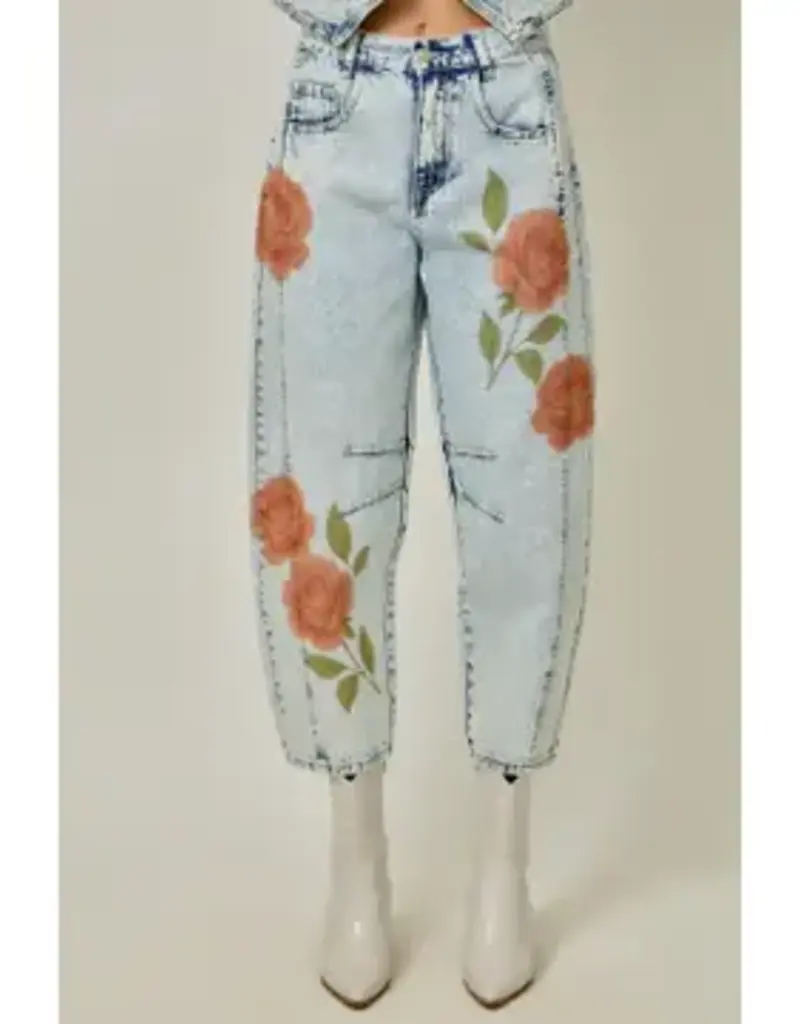 Floral Printed Denim Barrel Jeans