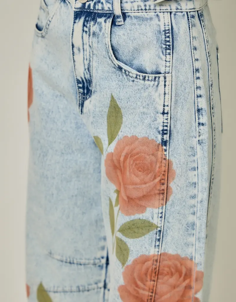 Floral Printed Denim Barrel Jeans