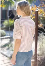 Cathy Collared V-Neck Stripe and Lace Mixed Fabric Top