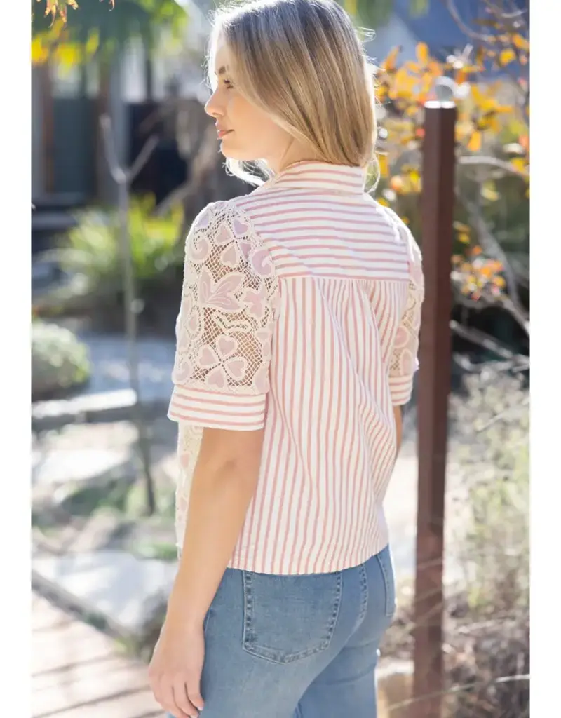 Cathy Collared V-Neck Stripe and Lace Mixed Fabric Top