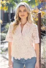 Cathy Collared V-Neck Stripe and Lace Mixed Fabric Top