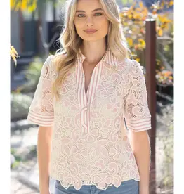Cathy Collared V-Neck Stripe and Lace Mixed Fabric Top