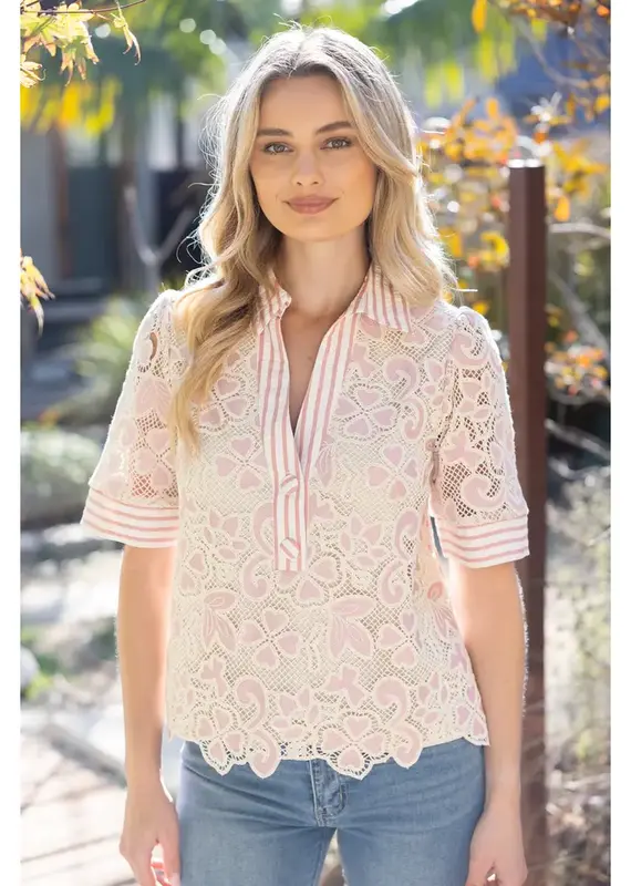 Cathy Collared V-Neck Stripe and Lace Mixed Fabric Top