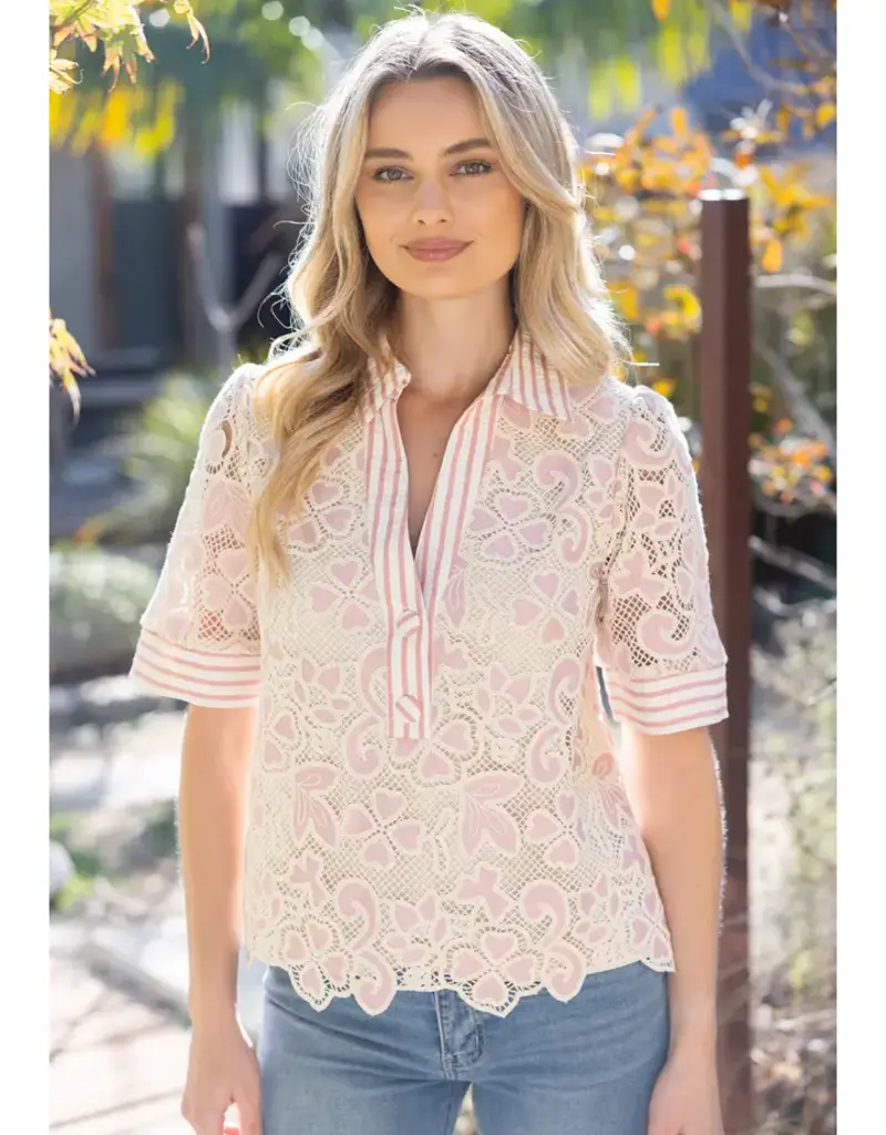 Cathy Collared V-Neck Stripe and Lace Mixed Fabric Top