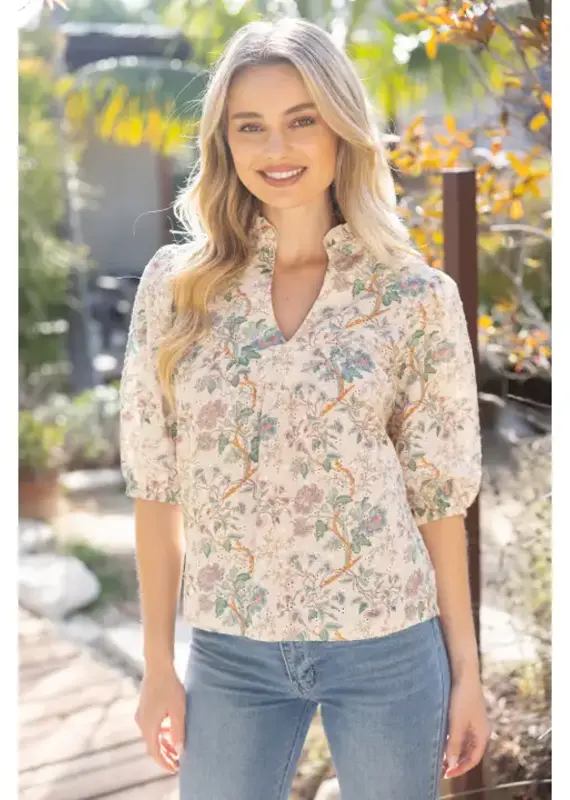 Faith Floral Eyelet Half Puff Sleeve Top