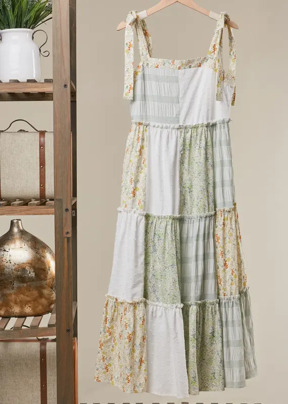 Patchwork Tie-Shoulder Tiered Maxi Dress