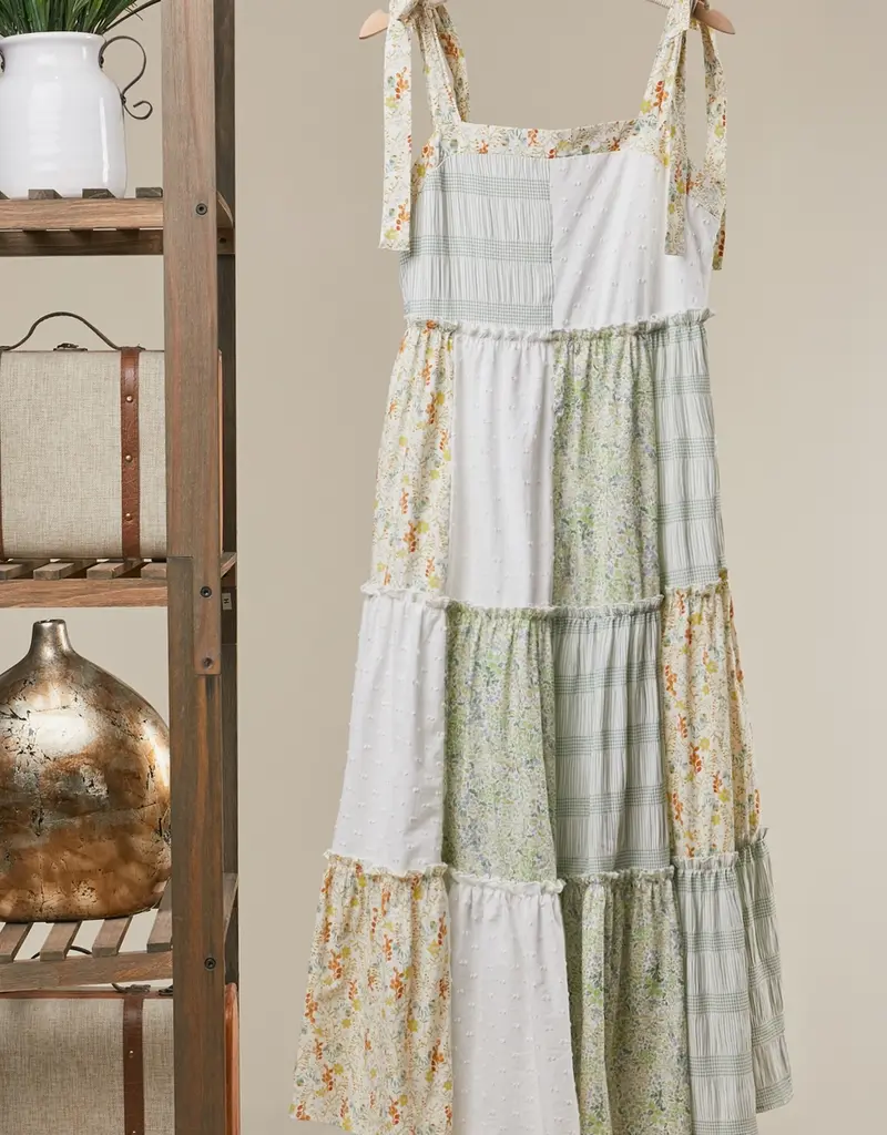 Patchwork Tie-Shoulder Tiered Maxi Dress