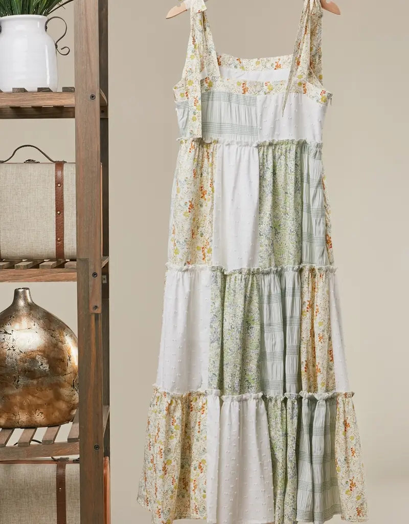 Patchwork Tie-Shoulder Tiered Maxi Dress